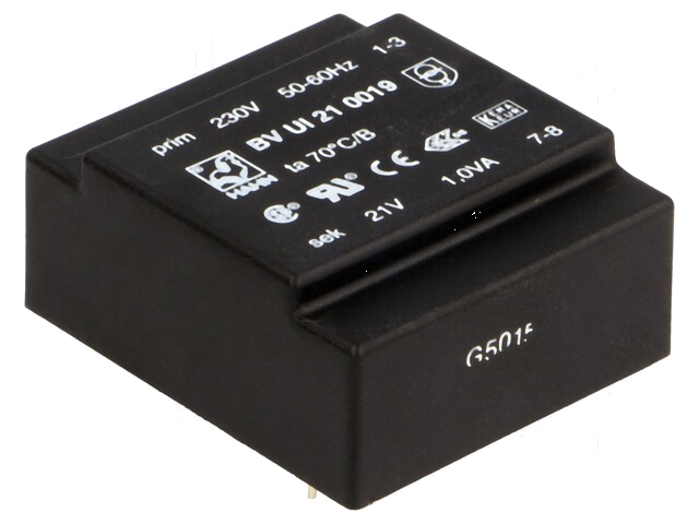Transformator: ingegoten; 1VA; 230VAC; 21V; 47mA; PCB; BVUI Transformator: ingegoten; 1VA; 230VAC; 21V; 47mA; PCB; BVUI